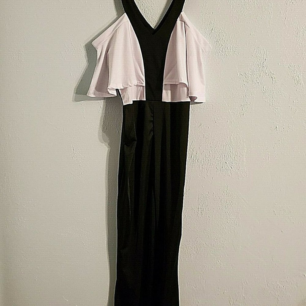 Black & White Cold Shoulder Zip Ruffled Jumpsuit